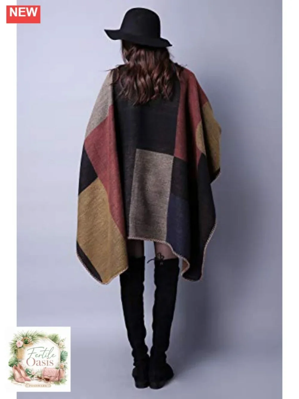 Reversible Plaid Poncho Shawl Wrap Sweater Cape | Long Sleeve, Oversized, Open